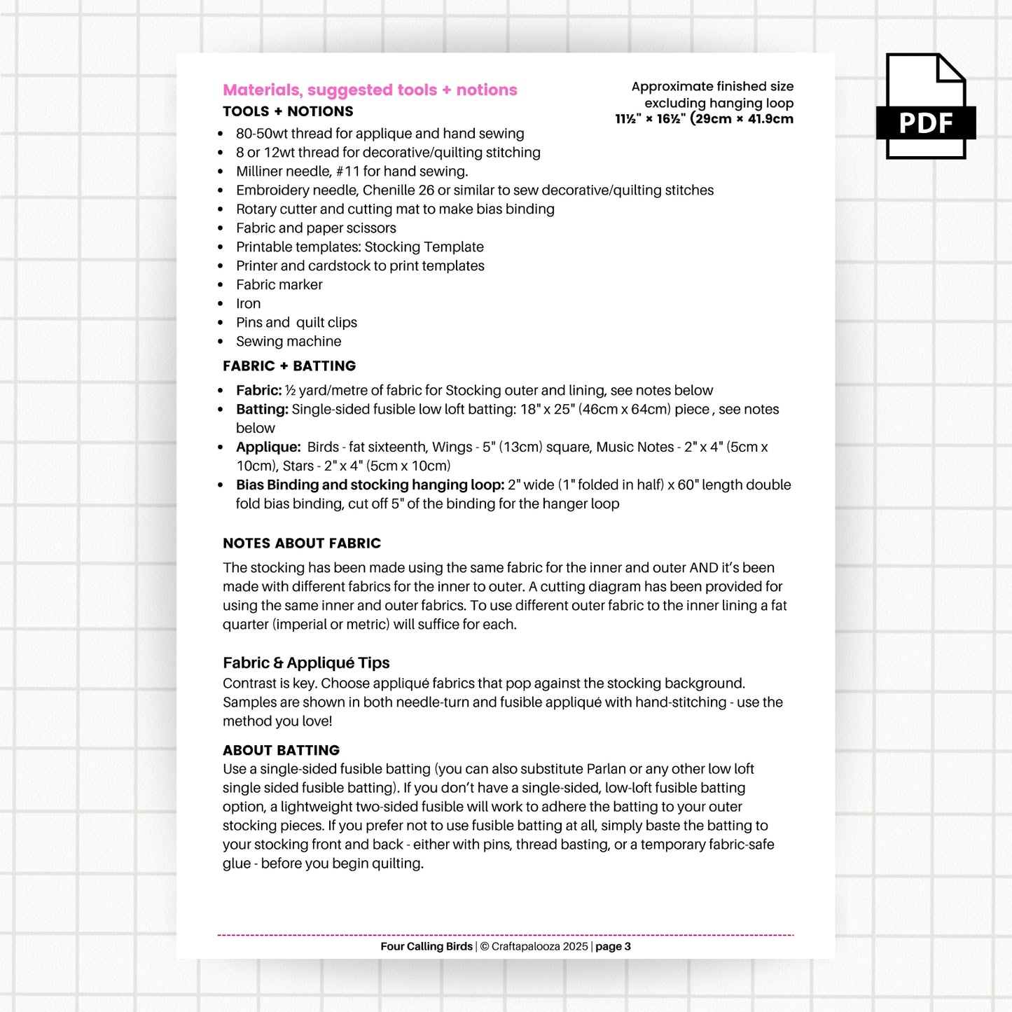 Four Calling Birds Stocking PDF Pattern – 12 Days Stocking Series #1