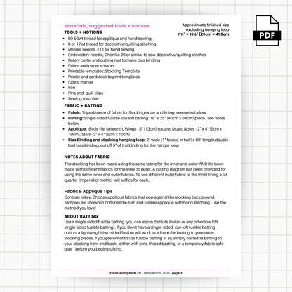 Four Calling Birds Stocking PDF Pattern – 12 Days Stocking Series #1