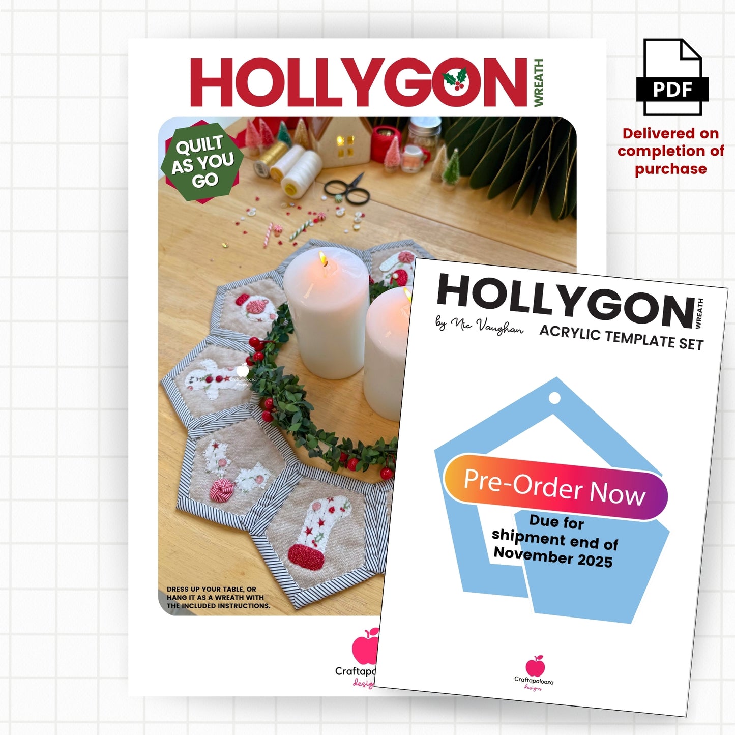 Hollygon Wreath PDF Pattern (Quilt-As-You-Go Wreath or Table Centrepiece)