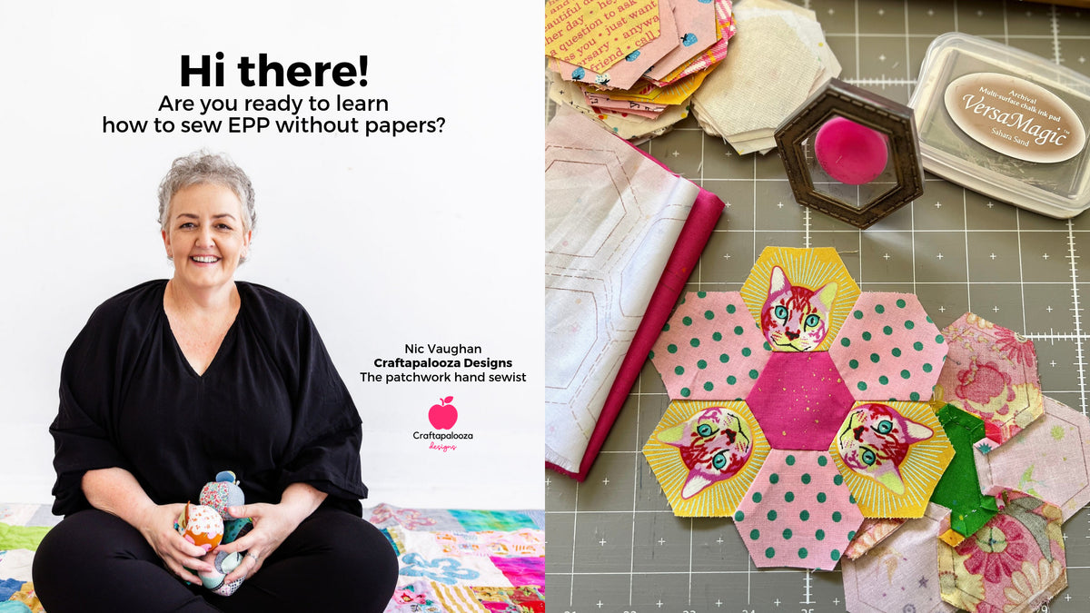 Load video: Step-by-step video tutorial with Nic from Craftapalooza Designs demonstrating how to use patchwork stamps to mark, cut and hand sew fabric hexagons without paper templates or traditional English paper piecing (EPP).