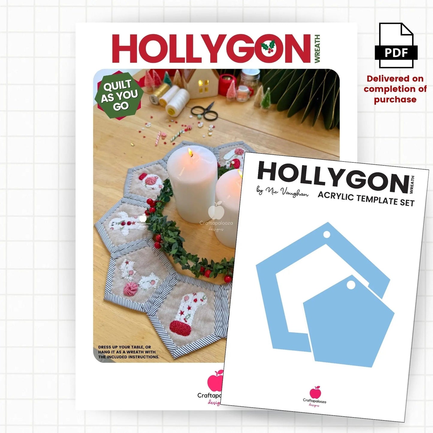 Hollygon Wreath PDF Pattern (Quilt - As - You - Go Wreath or Table Centrepiece)Craftapalooza DesignsPDF Pattern
